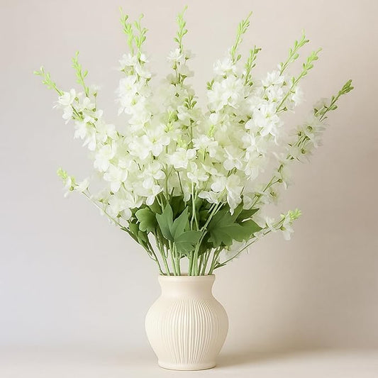 24 Pcs White Delphinium Artificial Flower 35.4'' Long Larkspur Stem White Fake Faux Silk Flowers Bulk for Tall Vase Floral Arrangements Home Centerpiece Table Wedding Decor