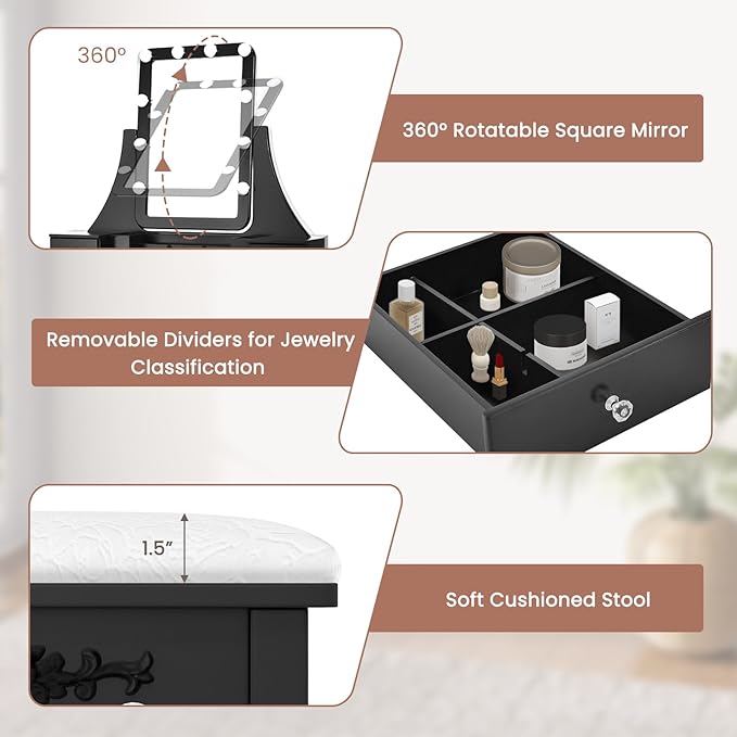 CHARMAID Vanity Desk with Mirror and Lights, Makeup Vanity Table with 5 Storage Drawers, 3 Color Lighting Modes, Adjustable Brightness, Modern Bedroom Dressing Table with Vanity Stool, Black