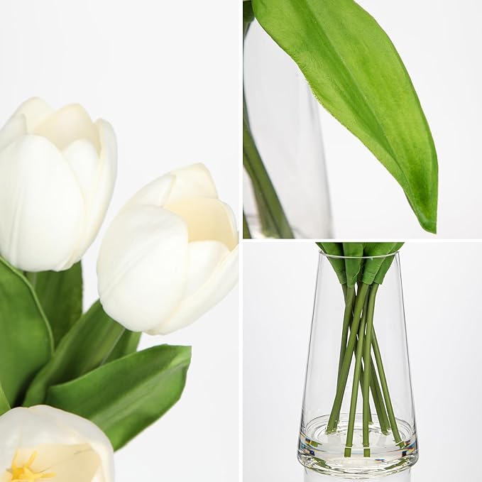 Fake Tulips Artificial Tulip Flowers in Glass Vase with Faux Water, 14.2" Real Touch White Tulip Flowers Spring Décor for Table Centerpiece Home Farmhouse Resto Wedding Decoration