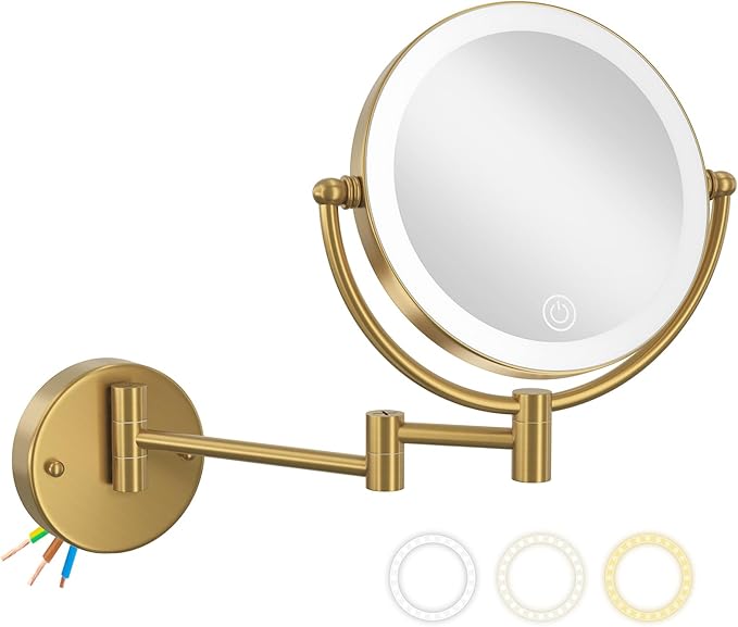 Hardwired Bathroom Makeup Mirror Wall Mount Gold, Double Sided 1/10X Magnifying Make up Mirror with Lights 3 Color & Adjustable Brightness, 360 Swing Arm Shaving Mirror, Brushed Moderne Brass