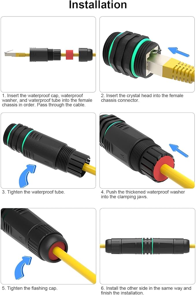Network Cable Extension Adapter for Industrial Outdoor IP68 Network Docking Connector, RJ45 Female to Female with Kit CAT6.