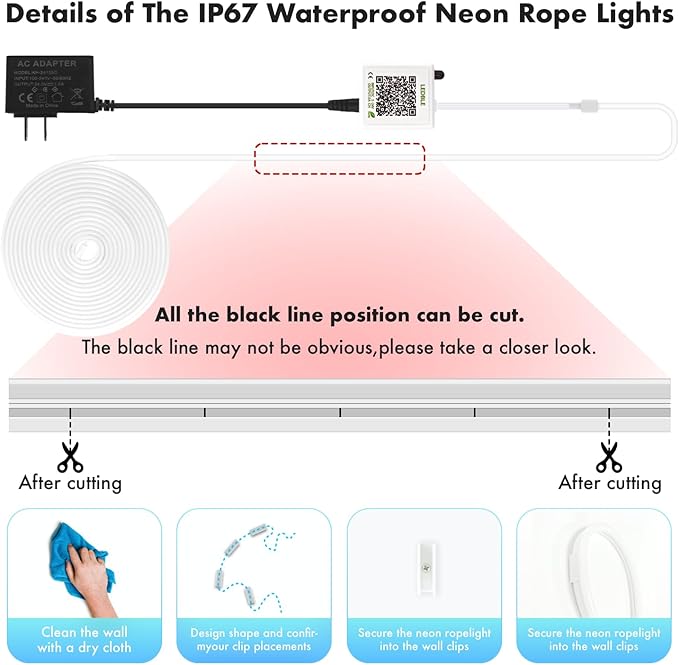 Neon Rope Lights, JIAMEI 20FT RGB LED Strip Lights, App Control, IR Remote, Music Syncing, Outdoor IP67 Waterproof, Flexible Neon Strip Lights Cuttable for Bedroom, Gaming, Party, Outdoors Decor