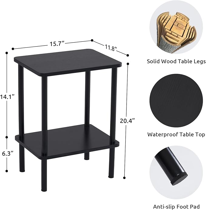 Apicizon 2 Tier End Table Set of 2, Small Side Table with Solid Wood Legs, Boho Bedside Table with Storage Shelf, Nightstand for Small Spaces, Bedroom, Living Room, Entryway, Easy Assembly, Black