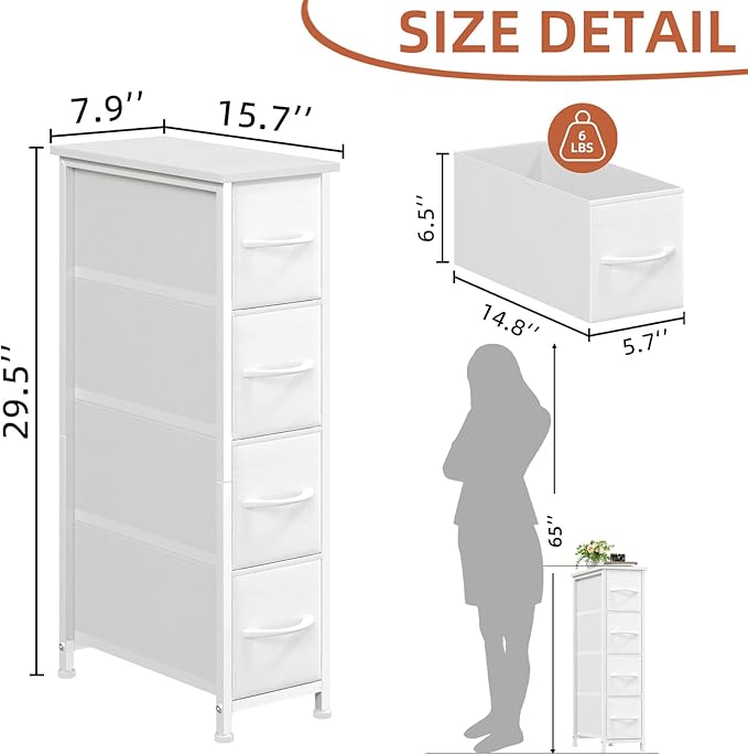 Somdot Narrow Dresser with 4 Drawers, Slim Storage Organizer Chest of Drawers with Removable Fabric Drawers for Small Spaces Bathroom Closet Bedroom Laundry, White Leather