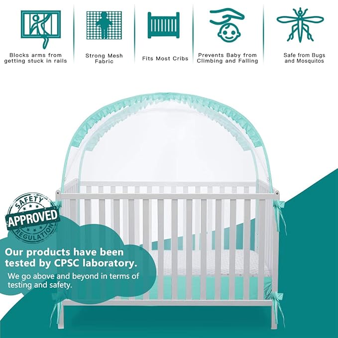 Crib Pop Up Tent Baby Safety Mesh Cover Mosquito Net Toddler Bed Canopy Netting Cover Protect Baby from Biting and Falling, Emerald, 51 x 51 x 27 Inch