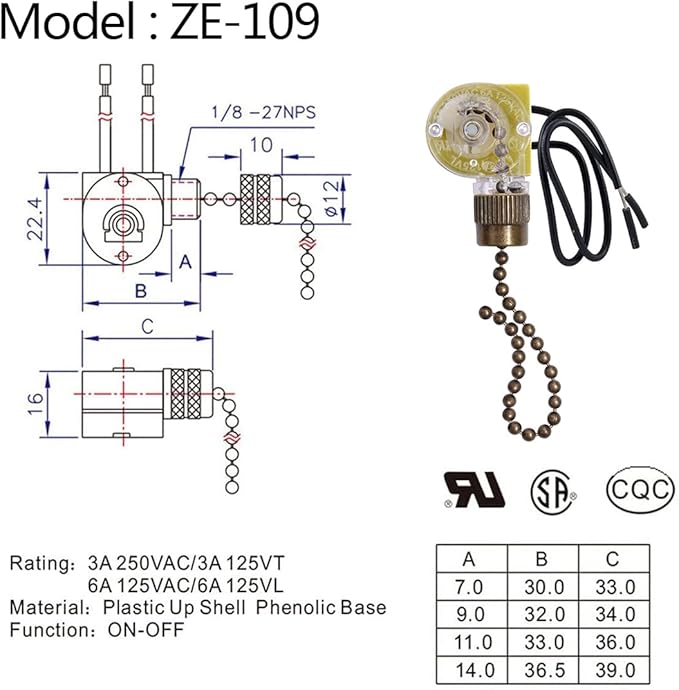 Ceiling Fan Light Switch Zing Ear ZE-109 Two-Wire With Pull Cords for Fans, Lamps and Wall Lights - Pull Chain Control Replacement On-Off, 2 Pcs Bronze