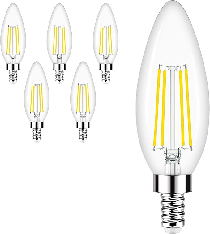 Honesorn E12 Led Bulbs, 4W(60W Equivalent Candelabra Led Light Bulbs, 4000K Natural White Chandelier Light Bulbs, 600LM Clear Glass C35 Light Bulbs with Filament, Dimmable Candle Light Bulbs Pack of 6
