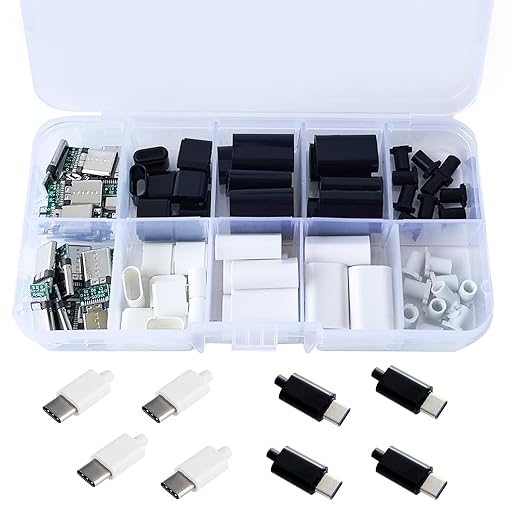 20 Set USB C Male Connector Kit DIY, 24 Pin Type C Plug Repair kit with PCB Board and Housing(Black + White)