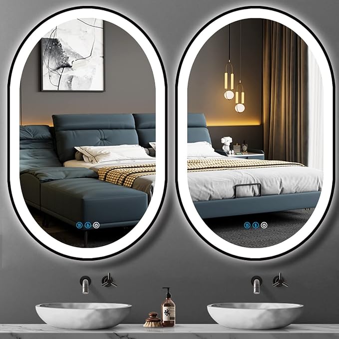 36 x 24 Inch Black Oval LED Mirror for Bathroom Salon Wall Horizontal/Vertical Mounted 36 Inch Black Frame Oval Lighted Mirror with Lights Smart Memory 3 Color Dimmable Front Lights Antifog