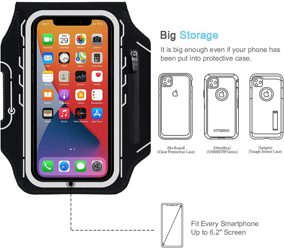 JEMACHE Running Armband for iPhone 12 Pro, 13, 14, 15, 16, Samsung Galaxy S21, S22, S23, S24, S25, Black Arm Band with