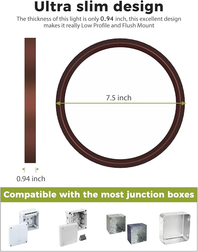 hepside 1Pack Dimmable Flush Mount Ceiling Light Fixture Oil Rubbed Bronze, 3CCT Selectable 3000/4000/6500K Ceiling Lamp, 7.5INCH 15W 1500LM Low Profile Light for Bedroom, Kitchen, Bathroom, Hallway