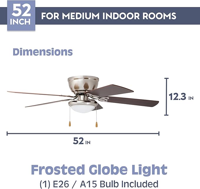 Prominence Home Benton Traditional 52 Inch Ceiling Fan with Light, LED Flush Mount Ceiling Fan, Indoor Fan with 5 Blades, Brown Walnut and Brown Maple Blade Finish Options, Brushed Nickel (51428-01)