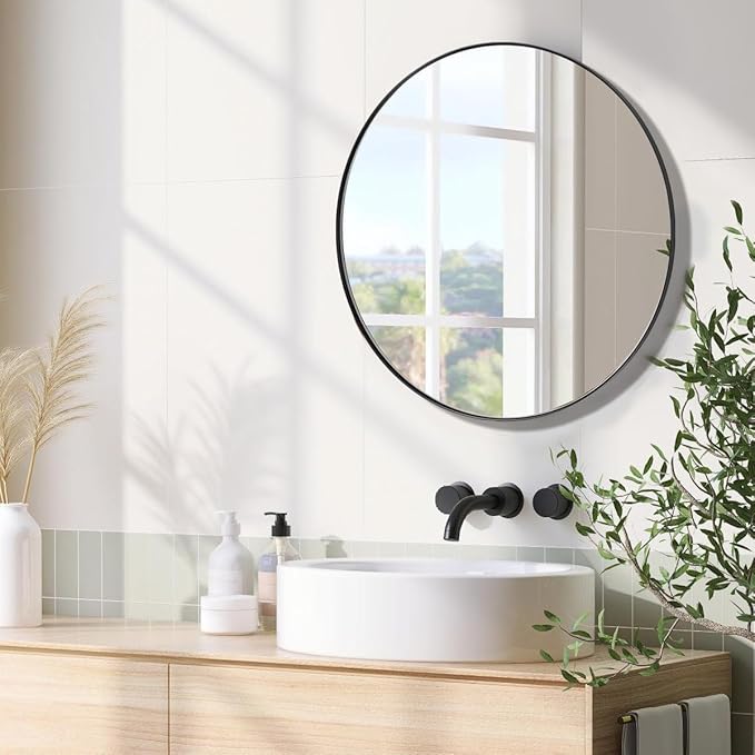 ANDY STAR Round Wall Mirror, 26" Black Round Mirror Metal Framed, Modern Metal Frame Bathroom Vanity Mirror (Matte Black Finish)