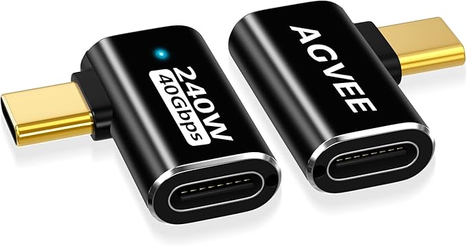 AGVEE 2 Pack Side Angle USB4 USB-C Male to USB-C Female Adapter Converter Video USB 4.0 240W 40G Data Extension Coupler Connector, Black