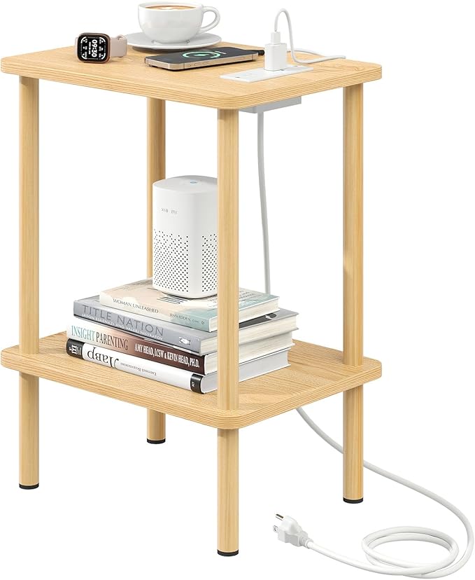 Apicizon 2 Tier End Table, Small Side Table with Charging Station, Boho Bedside Table with USB Ports and Outlets, Nightstand for Small Spaces, Bedroom, Living Room, Entryway, Easy Assembly, Natural