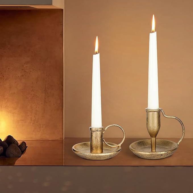 Iron Taper Candle Holder Set of 2 Antique Brass Candlestick Holders Vintage Decorative Candles Stand for Wedding Party Decoration Dinning Table Housewarming Gift