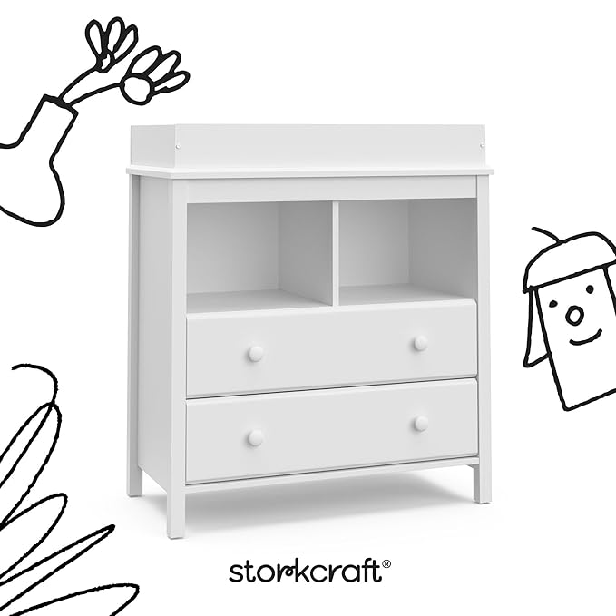 Storkcraft Alpine 2 Drawer Changing Table Chest (White) - Attached Changing Table Topper Fits Any Standard-Size Baby Changing Pad, 2 Drawers, 2 Shelves for Extra Nursery Storage, Easy to Assemble