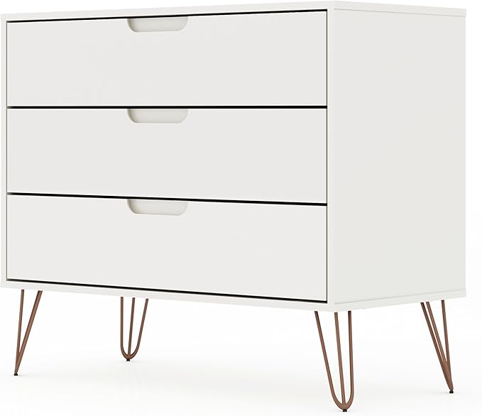 Manhattan Comfort Rockefeller 3 Drawer Dresser for Bedroom Storage, Nursery, Closet, Living Room, Entryway, TV Stand for Screens up to 32 Inches, Anti-Tip Kit Included, Set of 2, White
