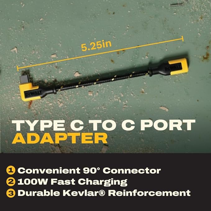 DEWALT Heavy Duty 90 Degree USB-C Extension Cable Adapter 100W PD – Angled Type-C Male to Female Connector with Kevlar Reinforced Cable, Durable Strain Relief, Fast Charging for Laptop, Tablet, Phone