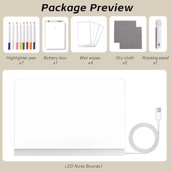 Led Note Board,Doodle Glow,Led Drawing Board for Kids,Acrylic Dry Erase Board with Light and 7 Colors Pens,LED Note Board with Colors for Office School Home (7.8x7.8 inches)