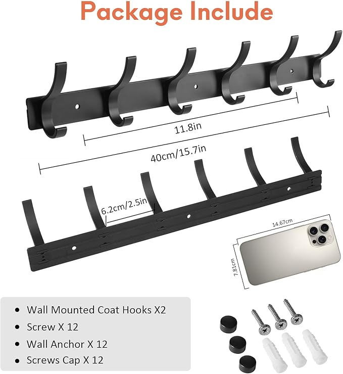 Coat Rack Wall Mount, Coat Hook Wall Mount, Wall Hooks for Hanging, Hat Rack for Walls, Coats Hanger with 12 Hook, Towel Hooks for Bathrooms (1 Pack, Black)