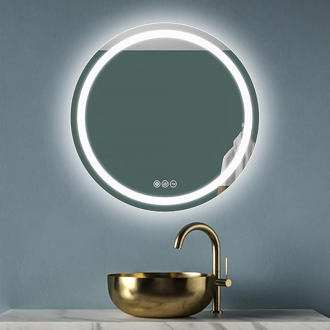 Wall-Mounted LED Round Bathroom Mirror, Makeup Mirror (24 inches x 24 inches,) 3 Color Stepless Dimmable Memory Bathroom Vanity Mirror with Lights CRI90+ 3000-6400K Smart Mirror with Touch