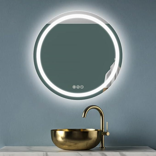 Wall-Mounted LED Round Bathroom Mirror, Makeup Mirror (24 inches x 24 inches,) 3 Color Stepless Dimmable Memory Bathroom Vanity Mirror with Lights CRI90+ 3000-6400K Smart Mirror with Touch