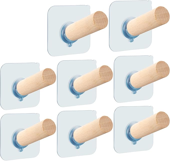 FOTYRIG Adhesive Hat Hooks Hat Hangers 10lbs Sticky Wall Rack for Baseball Caps, Bucket Hats, Cowboy Hats, Extended Wooden Pegs Handmade - Bathroom Door Cloest Entryway Wardrobe-8 Pack