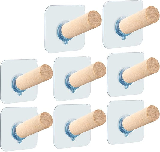 FOTYRIG Adhesive Hat Hooks Hat Hangers 10lbs Sticky Wall Rack for Baseball Caps, Bucket Hats, Cowboy Hats, Extended Wooden Pegs Handmade - Bathroom Door Cloest Entryway Wardrobe-8 Pack