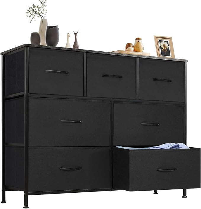 Sweetcrispy Dresser for Bedroom TV Stand Fabric Dresser with 7 Drawers, Dresser Chest of Drawers Organizer Wood Tabletop, Dresser for Closet, Living Room, Entryway, Black