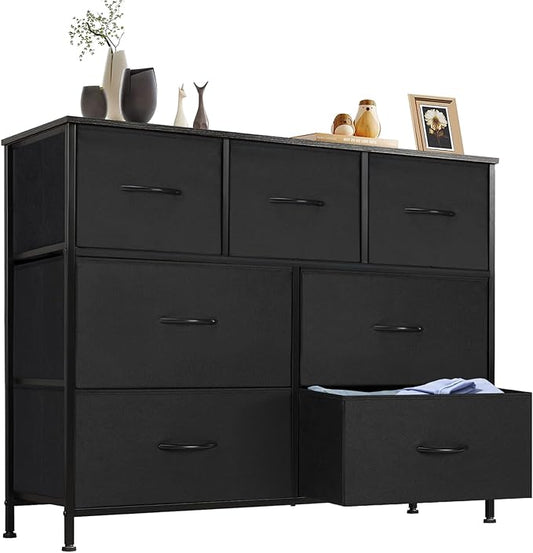 Sweetcrispy Dresser for Bedroom TV Stand Fabric Dresser with 7 Drawers, Dresser Chest of Drawers Organizer Wood Tabletop, Dresser for Closet, Living Room, Entryway, Black