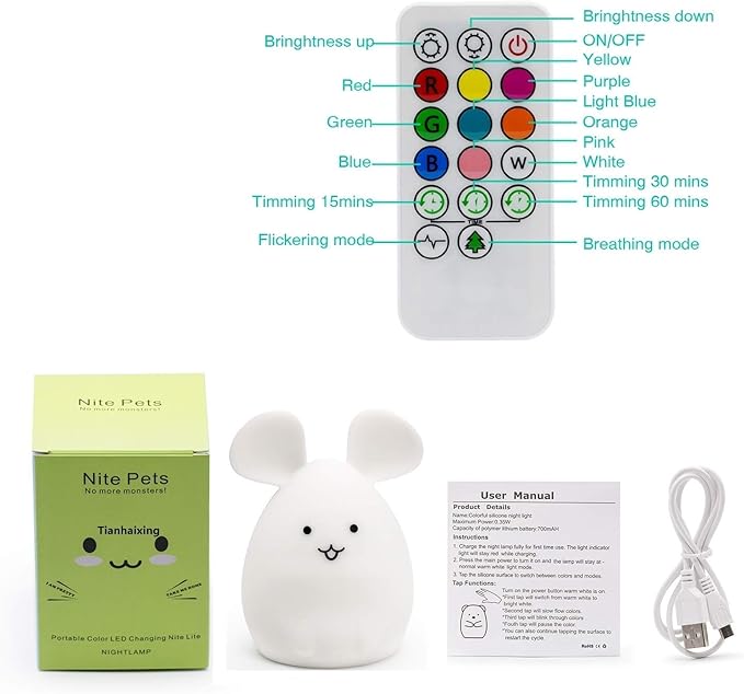 Mouse Night Light for Kids, Rechargeable LED Children Lamp, Soft Silicone (BPA Free) for Baby/Boys/Girls/Adults, Remote & Touch Control Adjustable Brightness and Colors, Indoors/Outdoors