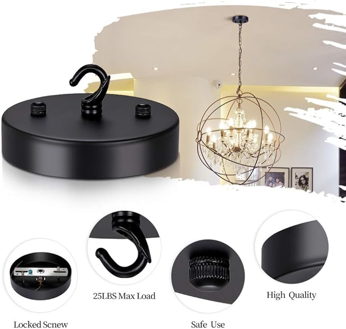 4.72 Inch Steel Light Canopy Kit - Black Modern Ceiling Light Plate with Hook, Suitable for Pendant Light and Chandelier, Includes All Mounting Hardware