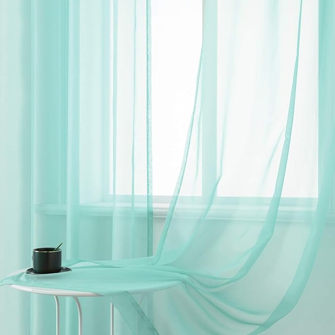 DUALIFE Aqua Sheer Curtain Panels 72 inches Long Grommet Solid Mint Green Soft Touch Semi Window Drapes for Bedroom Living Room(52 X 72 Inch Length 2 Panels Seafoam Green)
