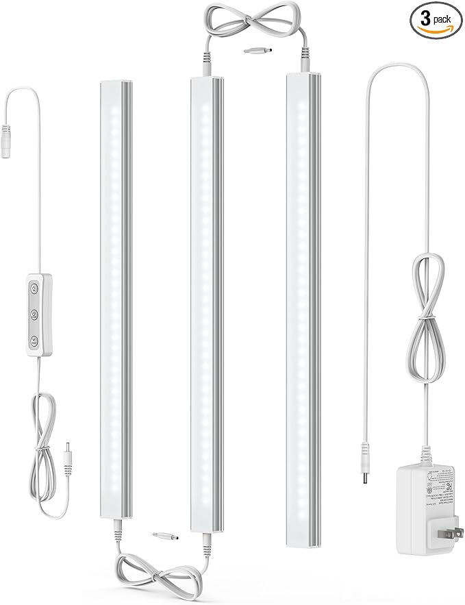 ASOKO Dimmable LED Under Cabinet Lighting Cold White 5000K, 3 Pack 12 inch Linkable Led Under Counter Lights for Kitchen, Shelf, Workbench, Cupboard Lighting, Upgrade UL Listed Plug 24V