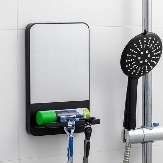 TAILI Shower Mirror Fogless Suction, Shaving Mirror with Razor Holder, Fog Free with Storage Tray, Rust-Proof, Shatterproof, Removable, Bathroom & Shower Accessories, Black