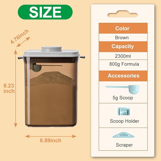 Ankou One-Push Formula Container, 2300ml Formula Dispenser with Scoop and Scraper, Milk Powder Container with Lids, BPA-Free Airtight Food Storage Container 1000g Large Capacity,Dark Brown, Rectangle