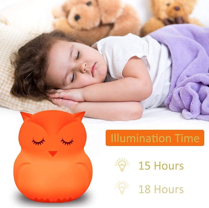 Owl Night Light for Kids, Rechargeable LED Bedside Lamp for Children, 9 Changing Color Silicone Nursery Lamp for Breastfeeding, Eyes Caring, Tap Adjustable Brightness & Colors