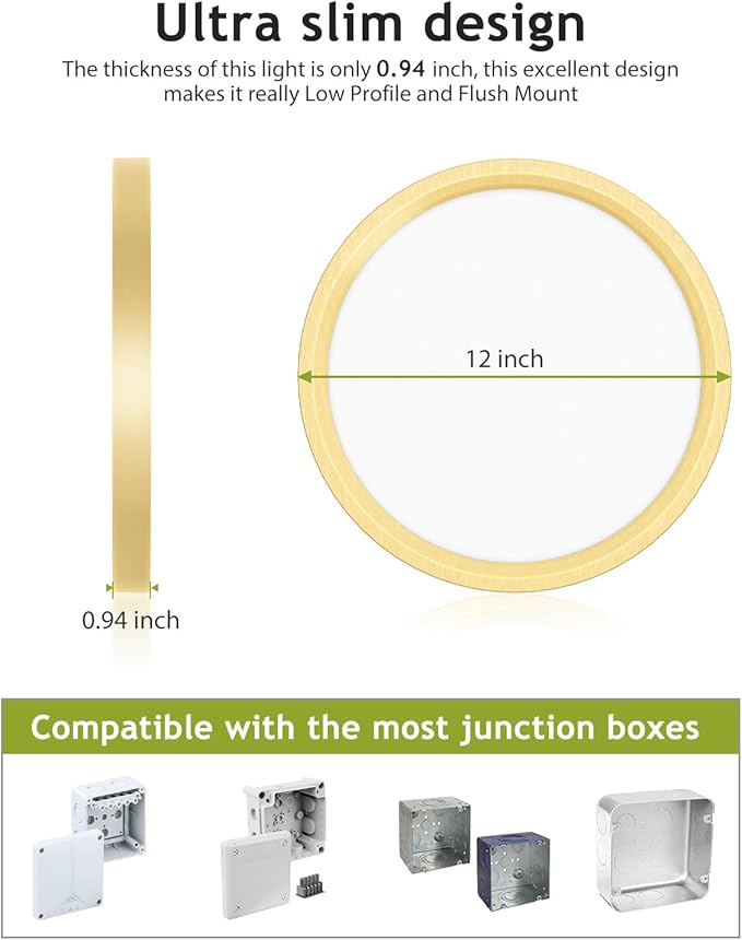 hepside 1PACK Flush Mount LED Ceiling Light Fixture Golden, 12Inch 28W, Dimmable 3000K-4500K-6000K 3 Color Selectable Ceiling Lamp 3200LM Low Profile Ceiling Light for Kitchen Bedroom Hallway