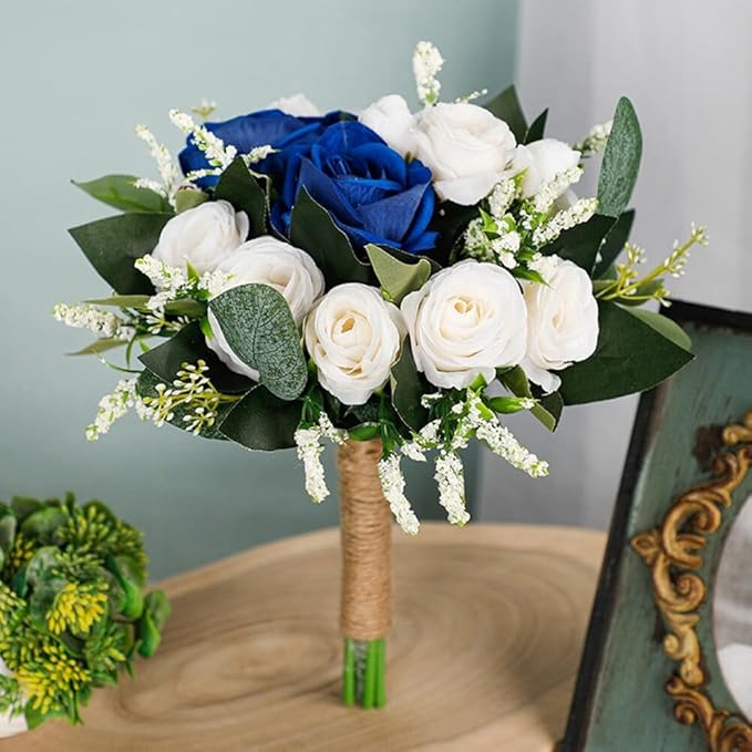 Wedding Rose Bouquet Bridesmaid Flower Bouquets, Artificial Flower Blue White Rose Wedding Bouquets for Bride Bridesmaid Bouquet Faux Bouquet Bride Bridesmaid Holding Flower for Wedding Decor, Medium