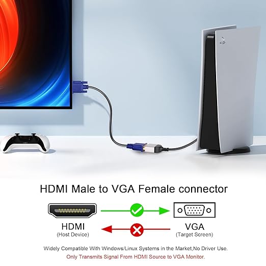 HDMI to VGA Adapter Cable 8 inch Uni-Directional Only,Gold-Plated 1080p@60Hz HDMI Male to VGA Female Braided Cord for PC,Laptop,Monitor,HDTV, Roku, Xbox, PS5