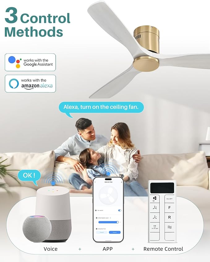 Sofucor 52 Inch Smart Ceiling Fan Without Lights Flush Mount Solid Wood Ceiling Fan with Alexa/Google Assistant/APP/Remote Control-Modern Outdoor Ceiling Fans No Light for Bedroom/Patio, Grey Gold