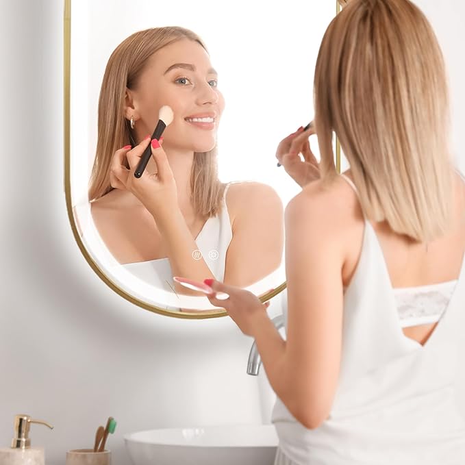 Niccy Oval LED Mirror for Bathroom, 40x24 Front Lit + Backlit Vanity Mirrors with Light Anti-Fog, Shatter-Proof, 3 Colors, Makeup Mirror with Gold Frame (Horizontal/Vertical)