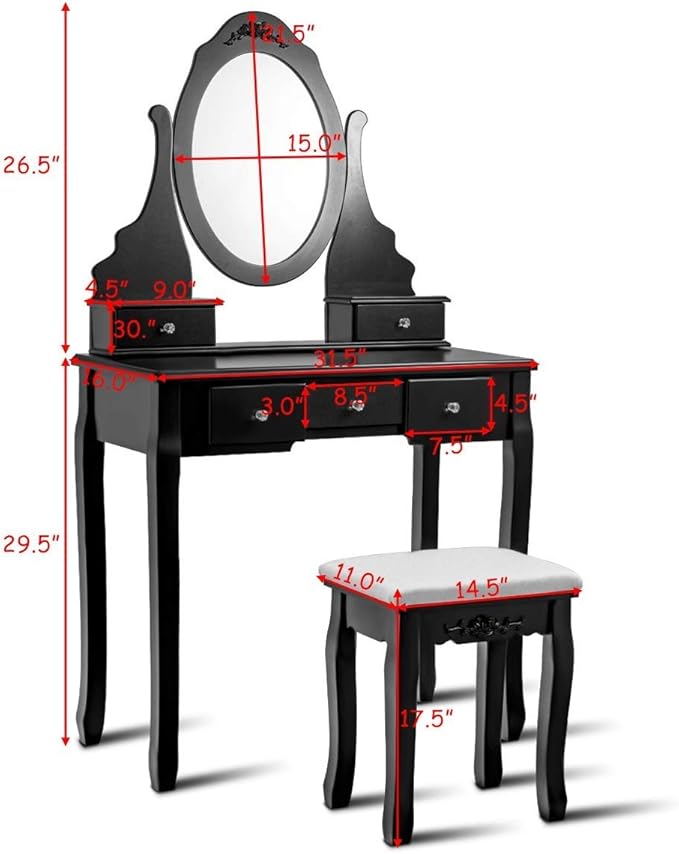 Giantex Vanity Set with Oval Mirror & Cushioned Stool, Makeup Dressing Table Large Storage with 5 Drawers, Mirrored Bedroom Vanities Makeup Table for Kids Girls Women, Easy Assembly (Black)