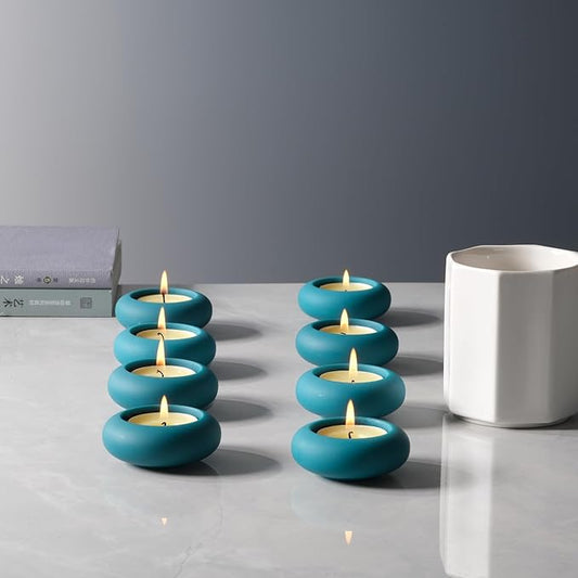 Handmade Decorative Pebble Tealight Candle Holders Set of 8 - Handcrafted Home Decor Accent for Calming Earthy Aesthetic Cement Peacock Blue Diameter 2.6 inches
