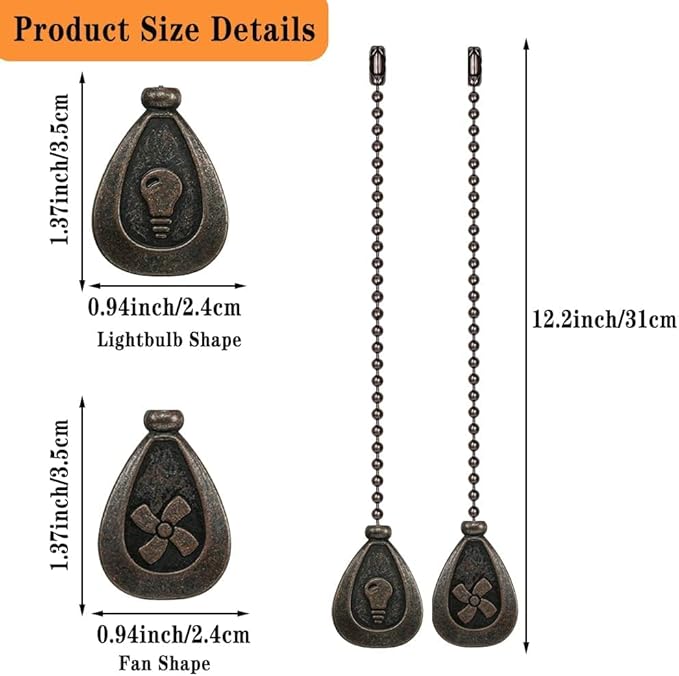Vinaco Bronze Ceiling Fan Pull Chain Set, Decorative Fan Pull Chain Extension with Pendant, 12 Inches Pull-Chains for Fans and Light with 3MM Ball Bead Chain, 2 Pack Fan Light Pull-Chain Extension