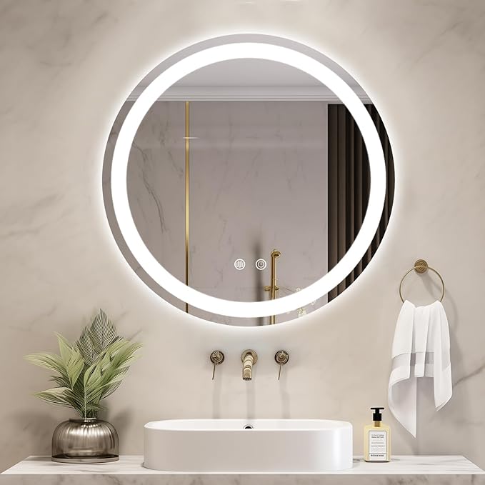 WallBeyond LED Bathroom Mirror with Lights, 20'' Round Light Up Bathroom Mirror for Wall with Front and Backlit, Anti Fog Led Mirror for Bathroom, 3 Colors and Dimmable Light