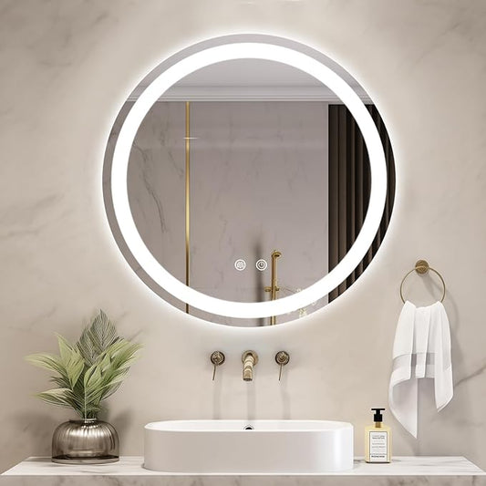WallBeyond LED Bathroom Mirror with Lights, 20'' Round Light Up Bathroom Mirror for Wall with Front and Backlit, Anti Fog Led Mirror for Bathroom, 3 Colors and Dimmable Light