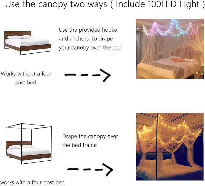 Comtelek Bed Canopy with LED Star Lights, Canopy Bed Curtain with RGB Color Changing String Lights with Smart App Control Remote for Princess Girls Bedroom, Suggested for Twin Full Queen King Bed