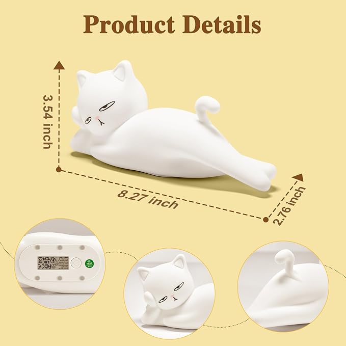 Lying Flat Cat Lamp Cat Gifts, 16 Colors+5 Dimming+Silicone Cute Lamp, Touch+Remote Control+Rechargeable Night Light for Kids, Fun & Cool Weird Stuff Random Stuff, White Elephant Gifts for Adults/Kids
